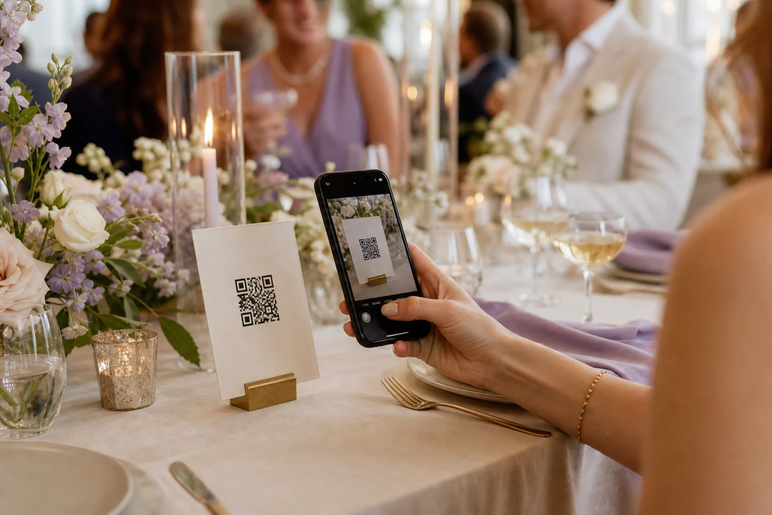 Guest scanning a wedding gallery QR code
