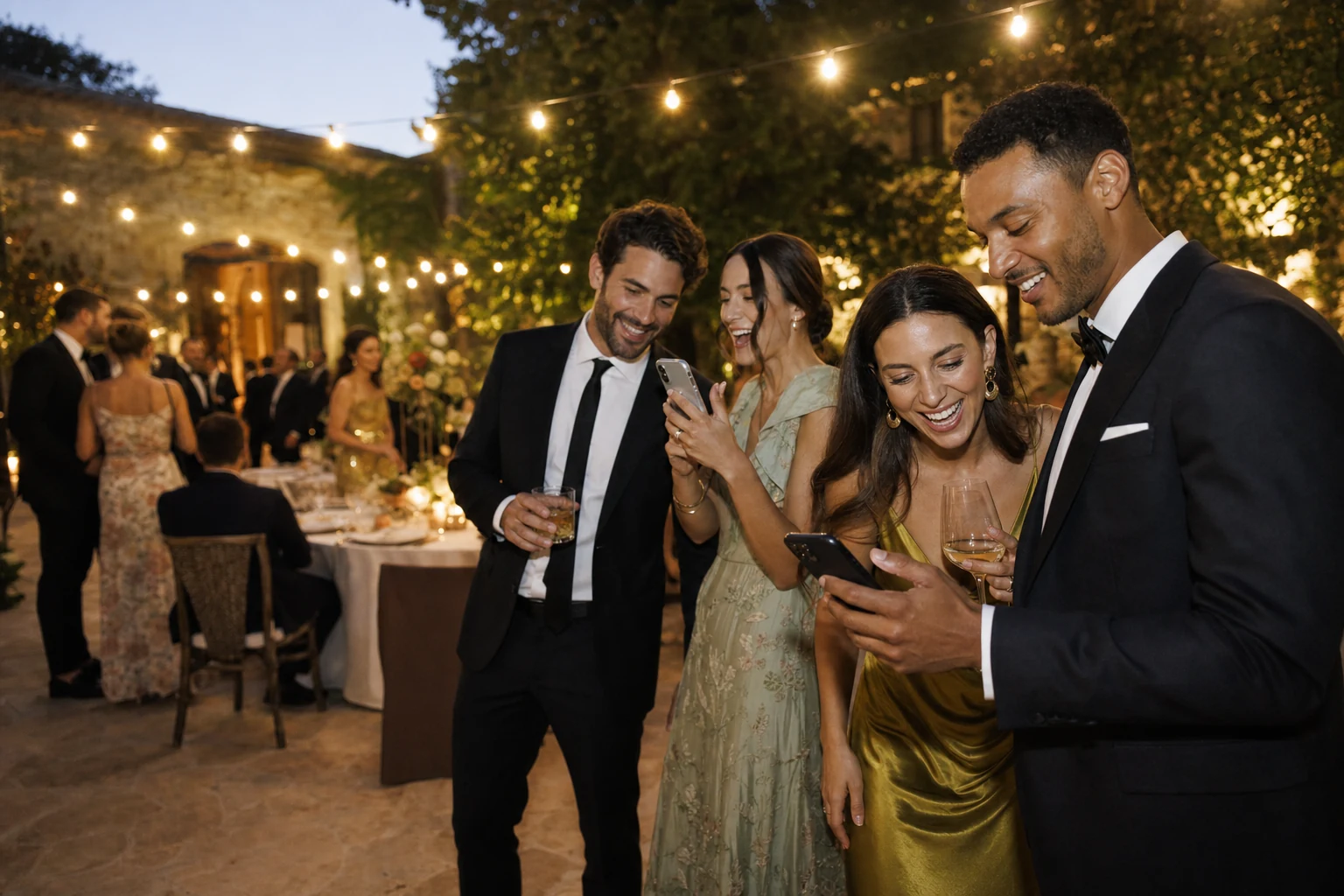Wedding guests sharing candid photos at an evening reception