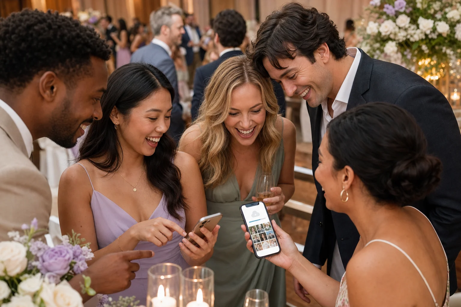 Wedding guests sharing photos together