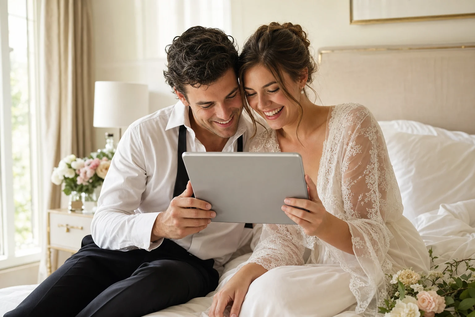 Newlyweds reliving guest photos together after the celebration